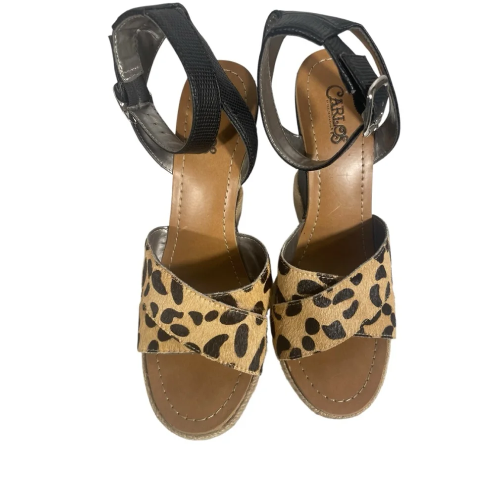 Women's size 8.5 Carlos Santana Wedge Sandals Leopard Print Black peep toe strap